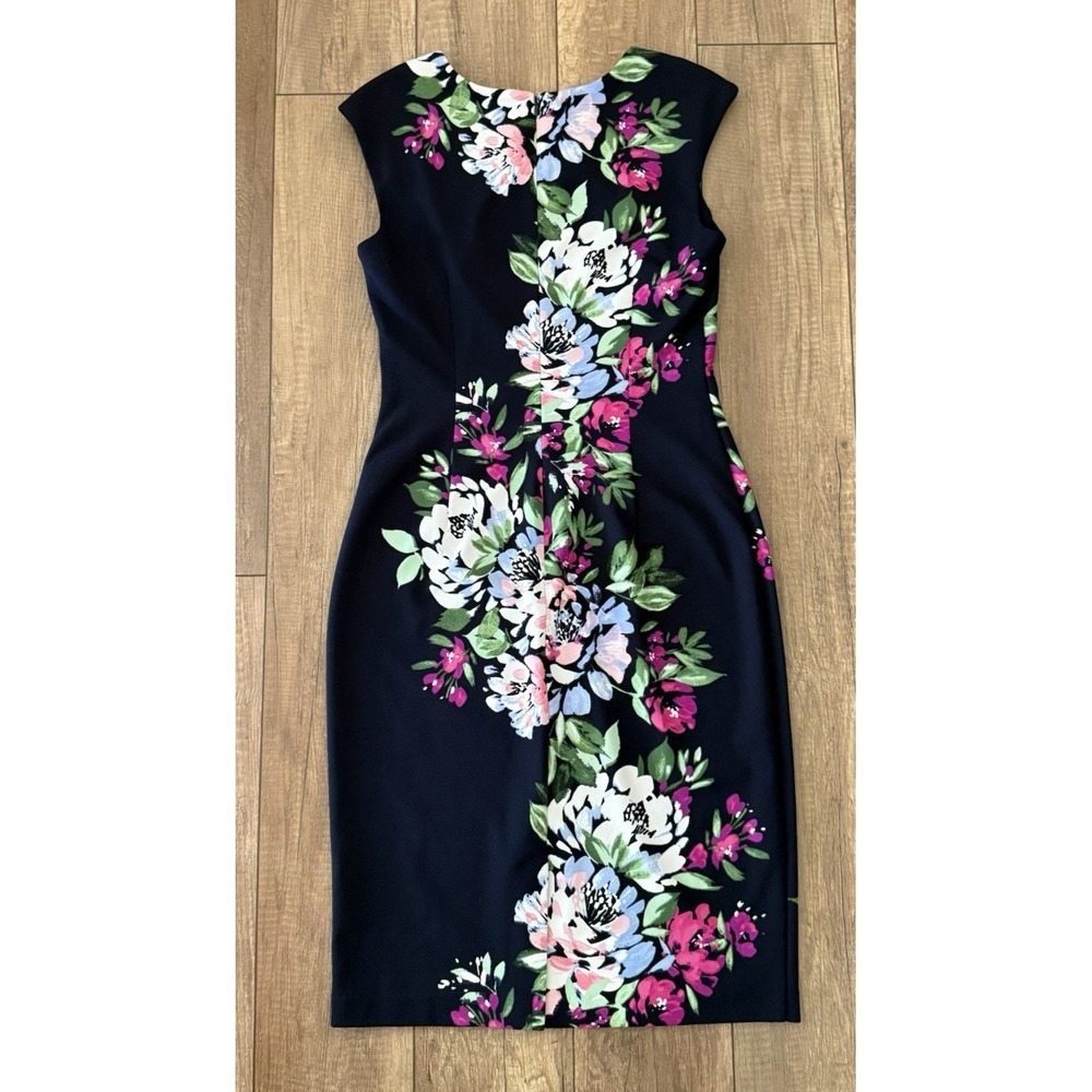 Vince Camuto Navy Blue Floral Sheath Dress Cap Sleeve Size 8 Stretch Tropical - Picture 6 of 14
